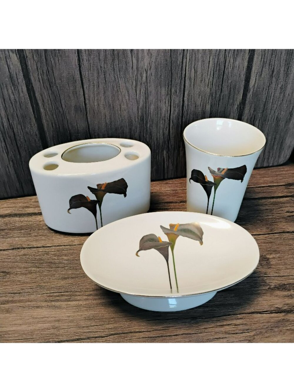 Vintage Otagiri Bathroom Set, Golden Calla Lily, Japan Porcelain, Soap Dish